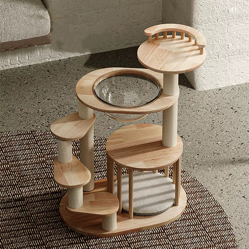 Wooden cat tree tower for kittens and Munchkin cats / Short-legged cats
