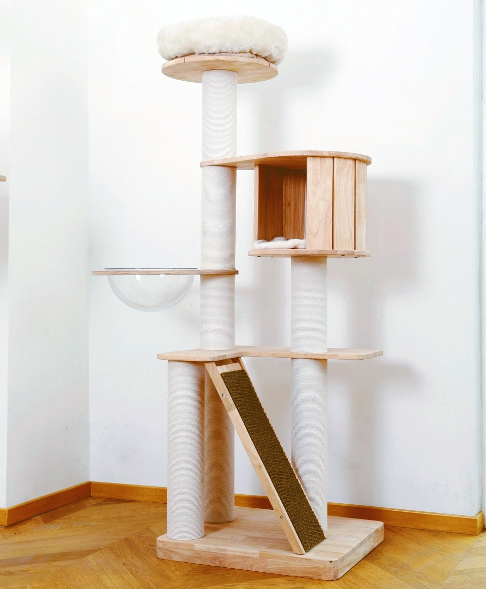 Multi-Level Large thicken Wooden Cat Tower with Scratching Post & Toy 65 INches