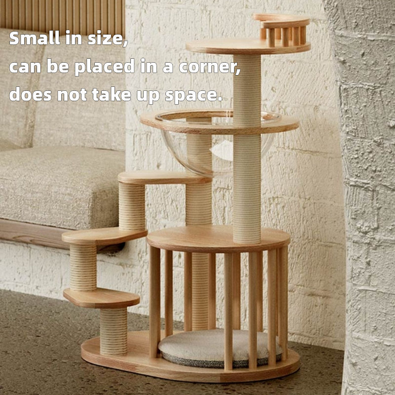 Wooden cat tree tower for kittens and Munchkin cats / Short-legged cats