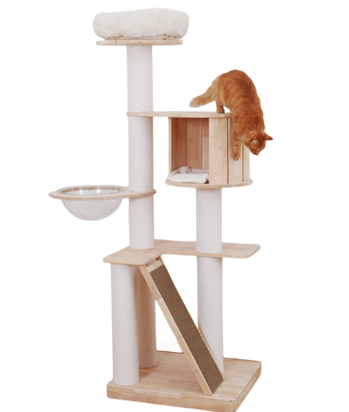 Multi-Level Large thicken Wooden Cat Tower with Scratching Post & Toy 65 INches