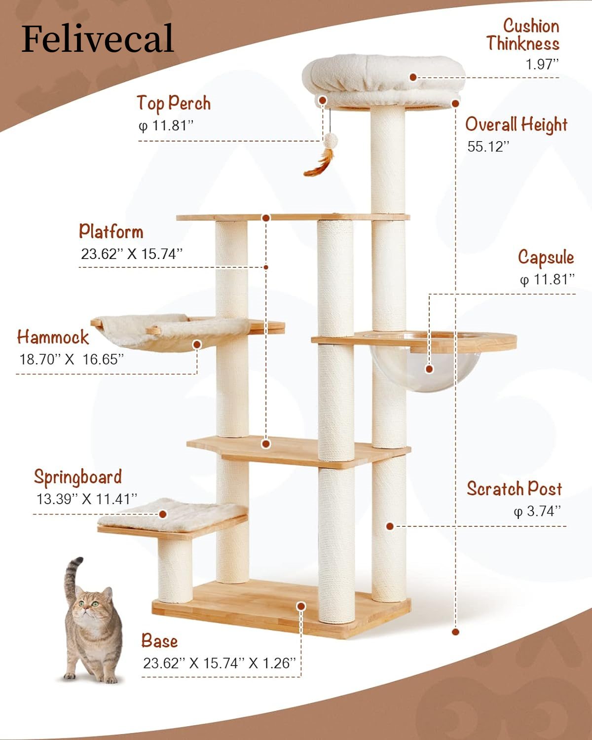 Modern Wooden Cat Tree Tower for Large Cats