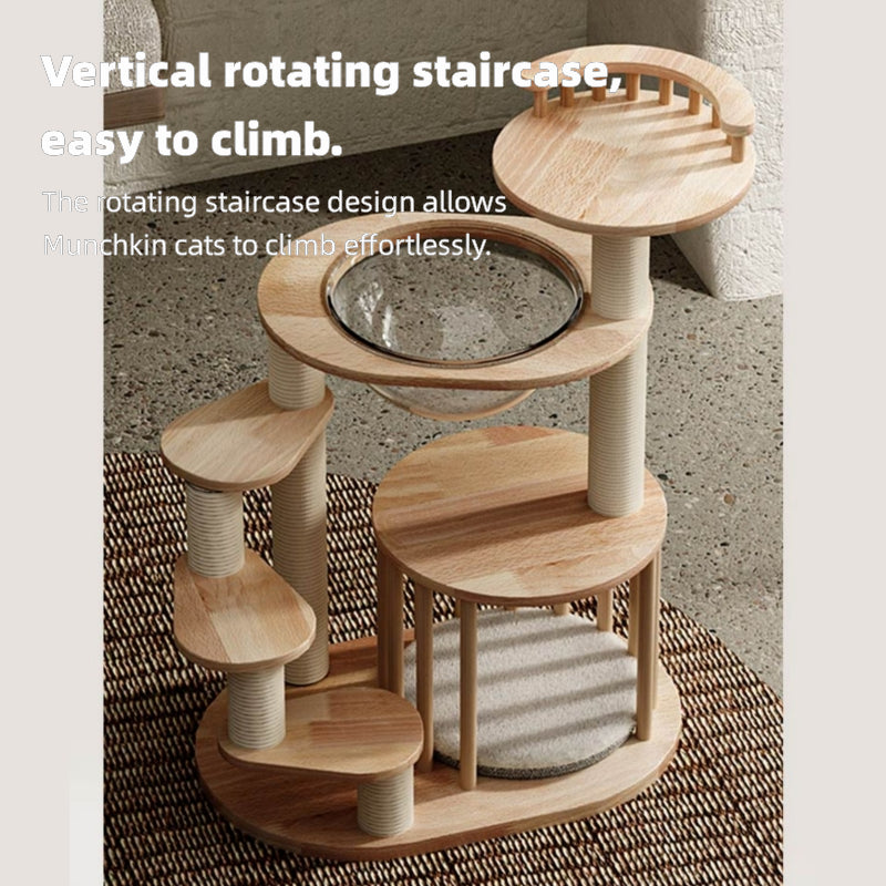Wooden cat tree tower for kittens and Munchkin cats / Short-legged cats