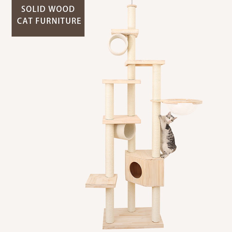 Floor to Ceiling Cat Tree Solid wood Cat Tower with Space Capsule