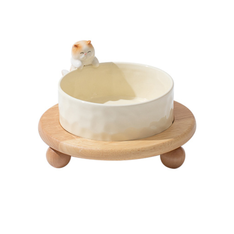 3D Cartoon Pet Bowl Ceramic Bowl for Cats and Dogs with Solid Wood Stand