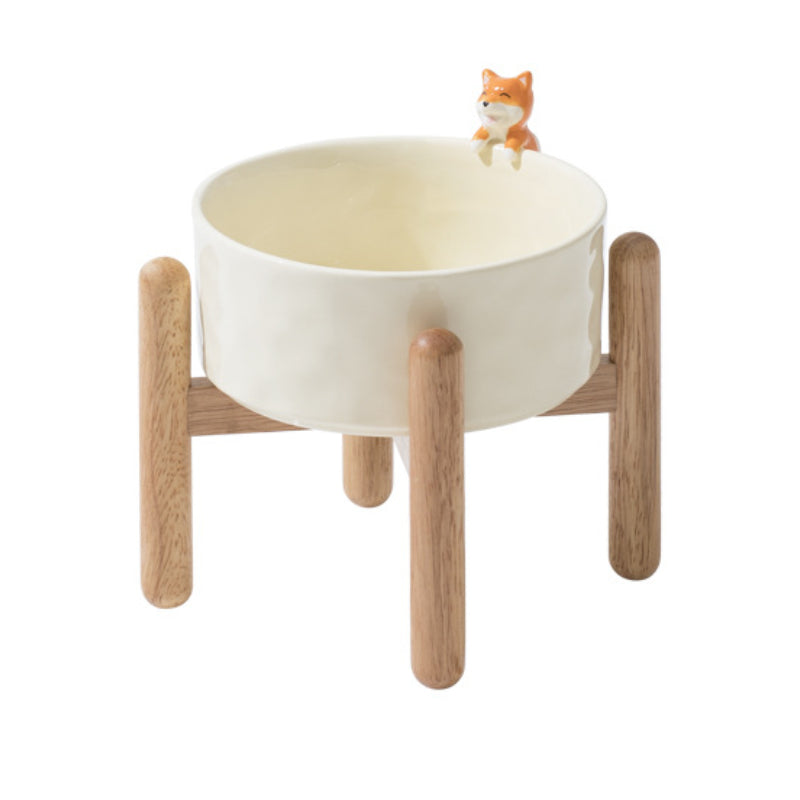 3D Cartoon Pet Bowl Ceramic Bowl for Cats and Dogs with Solid Wood Stand