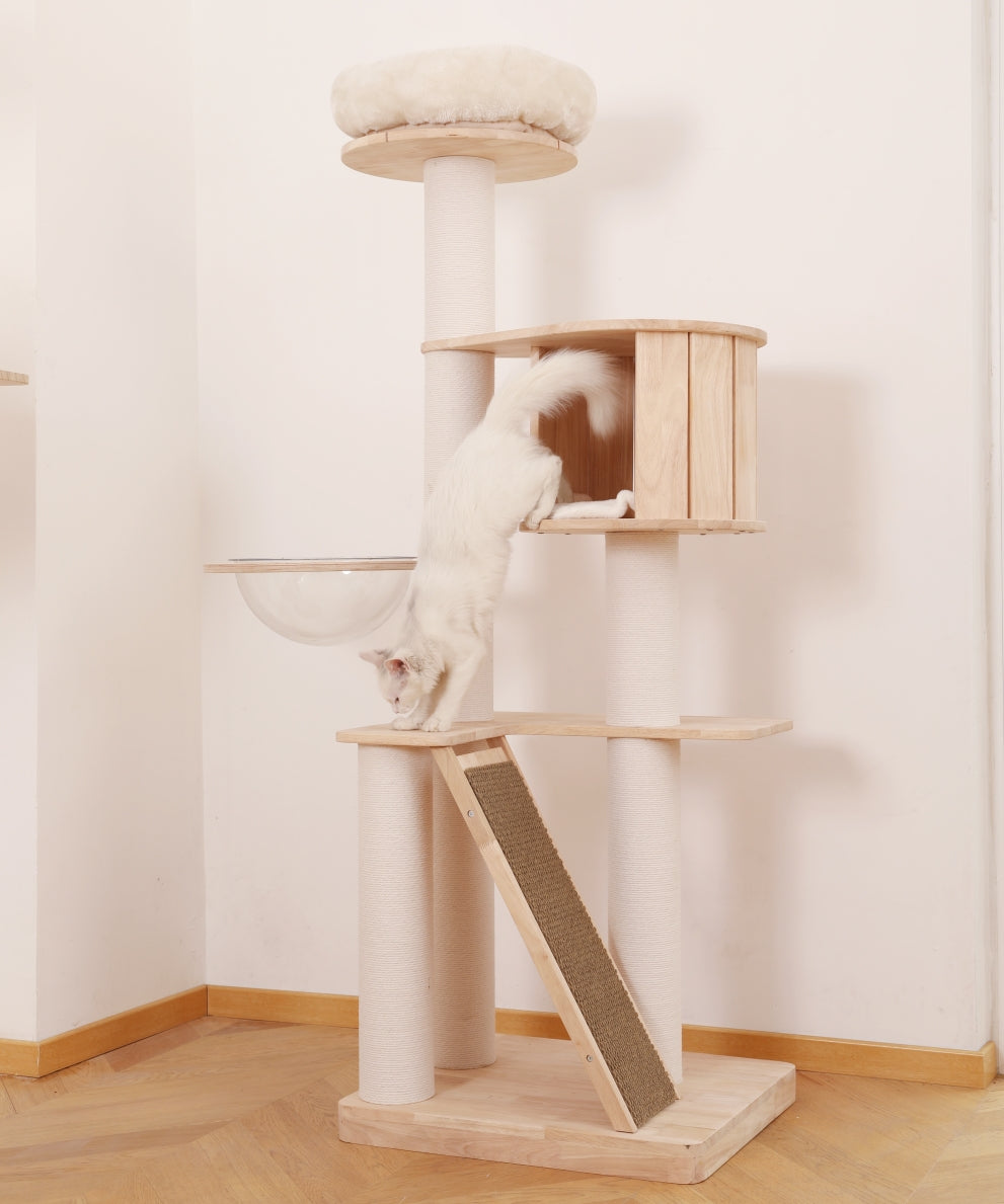 Multi-Level Large thicken Wooden Cat Tower with Scratching Post & Toy 65 INches