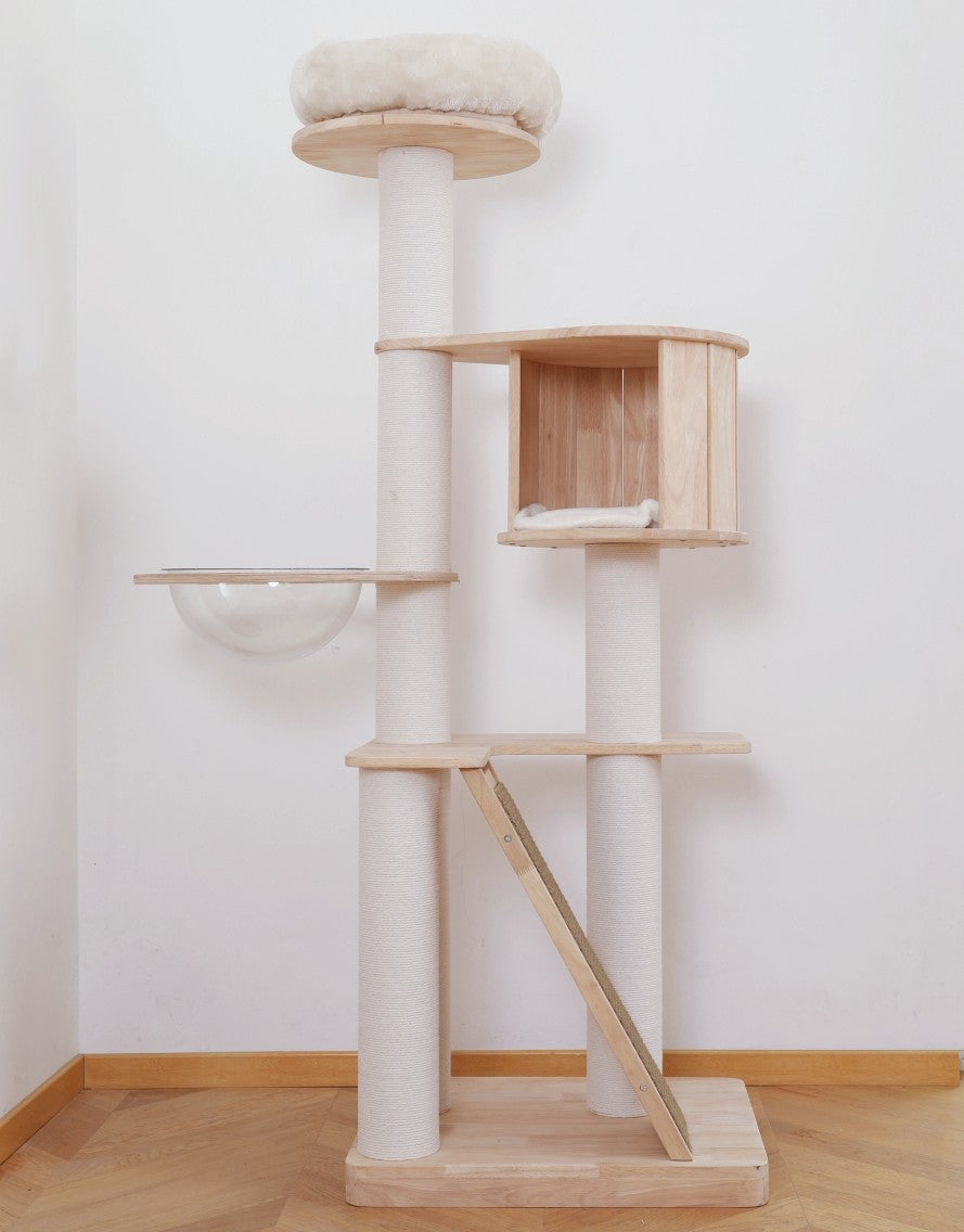 Multi-Level Large thicken Wooden Cat Tower with Scratching Post & Toy 65 INches