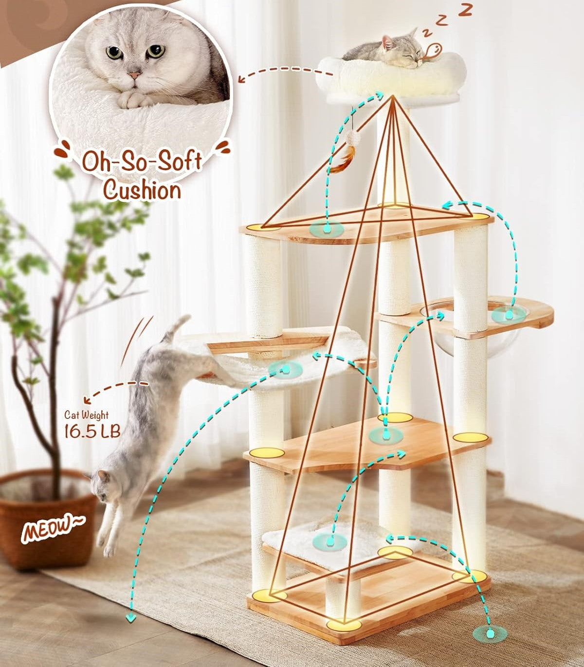 Modern Wooden Cat Tree Tower for Large Cats