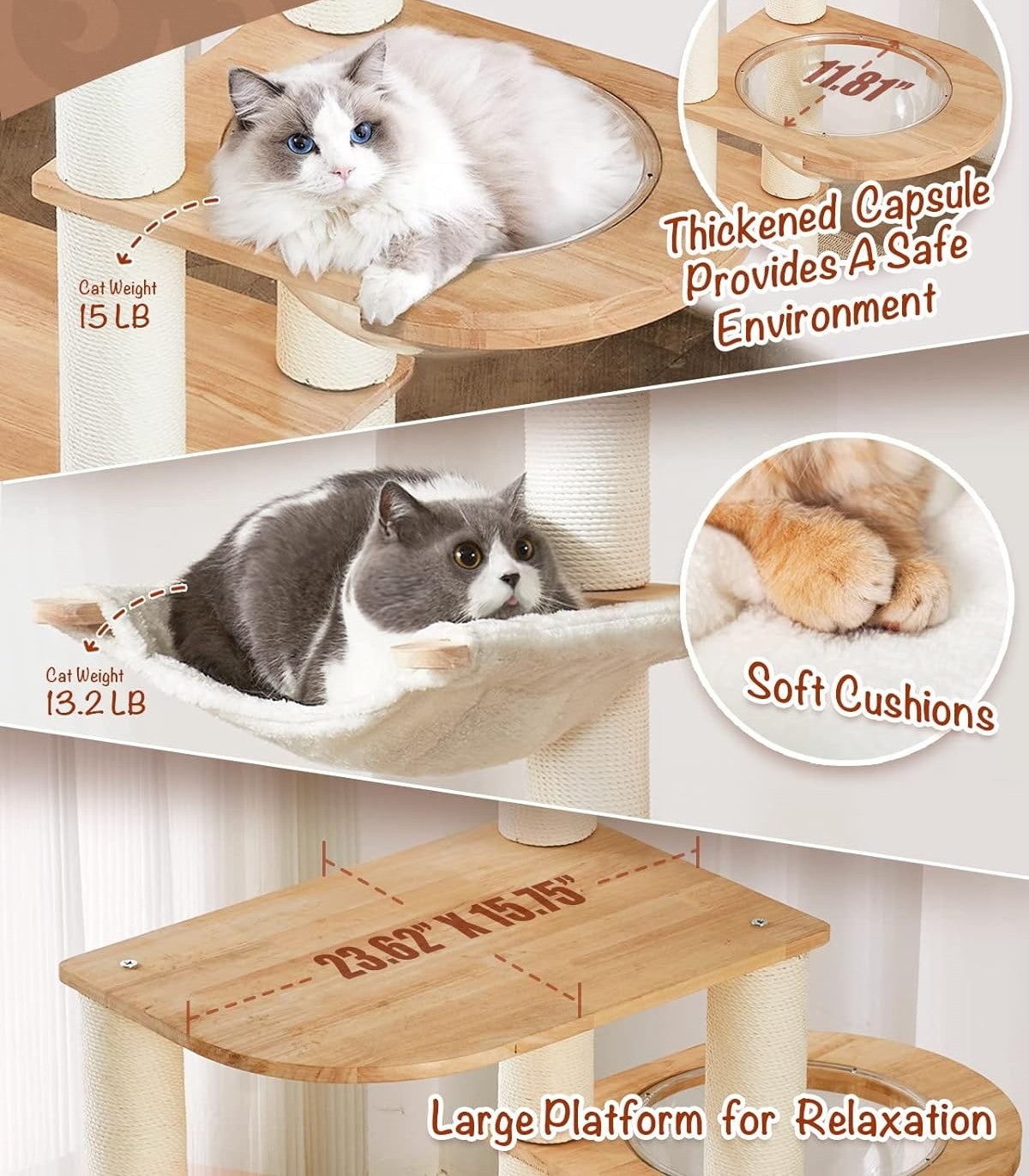 Modern Wooden Cat Tree Tower for Large Cats