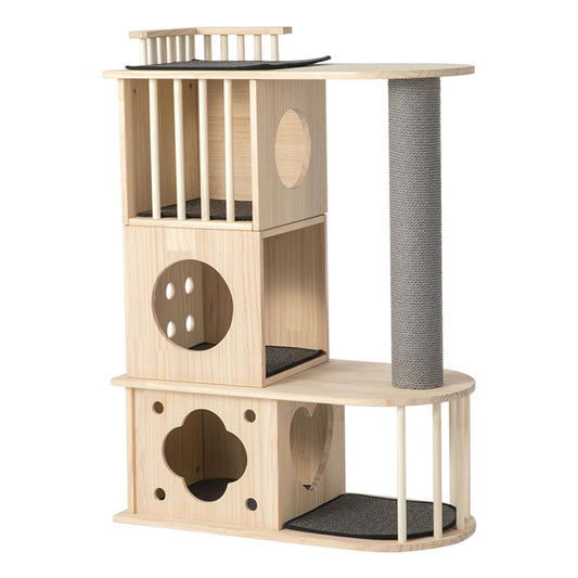 Multi-Level Wood Cat Condo with Scratching Post