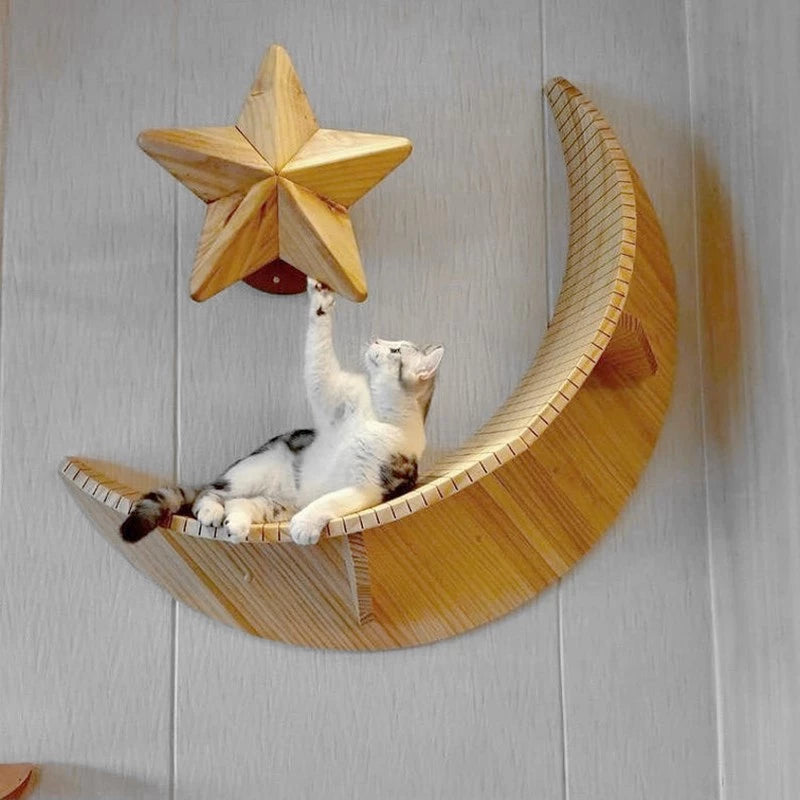 Wall-mounted solid wood moon cat bed