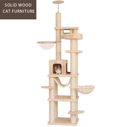 Large Floor To Ceiling Cat Tree Tall Wooden Cat Tower with hammock