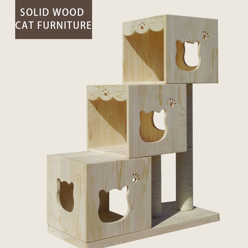 Solid Wood Cat Condo Multi-Level Cat Tower for multiple cats