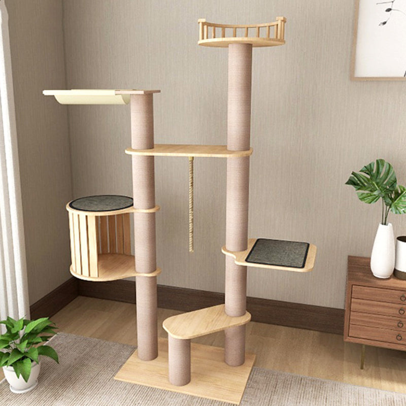 Solid wood cat tree Summer cool cat tree with lookout and hammock