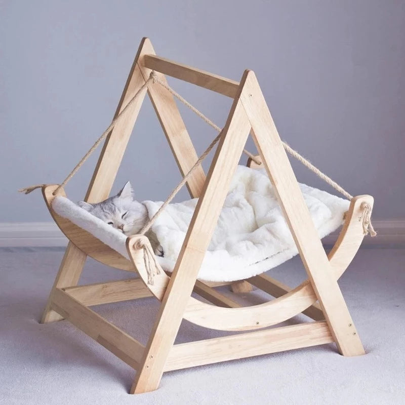 Solid Wood Cat Hammock with Washable Pad Rocking Chair 2Types