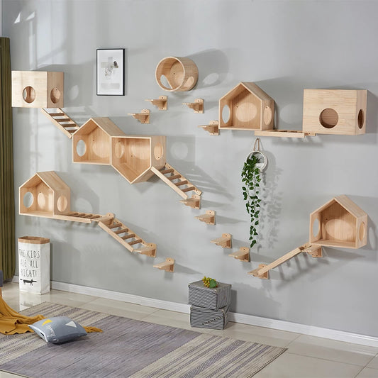 Wall-mounted solid wood cat climbing frame