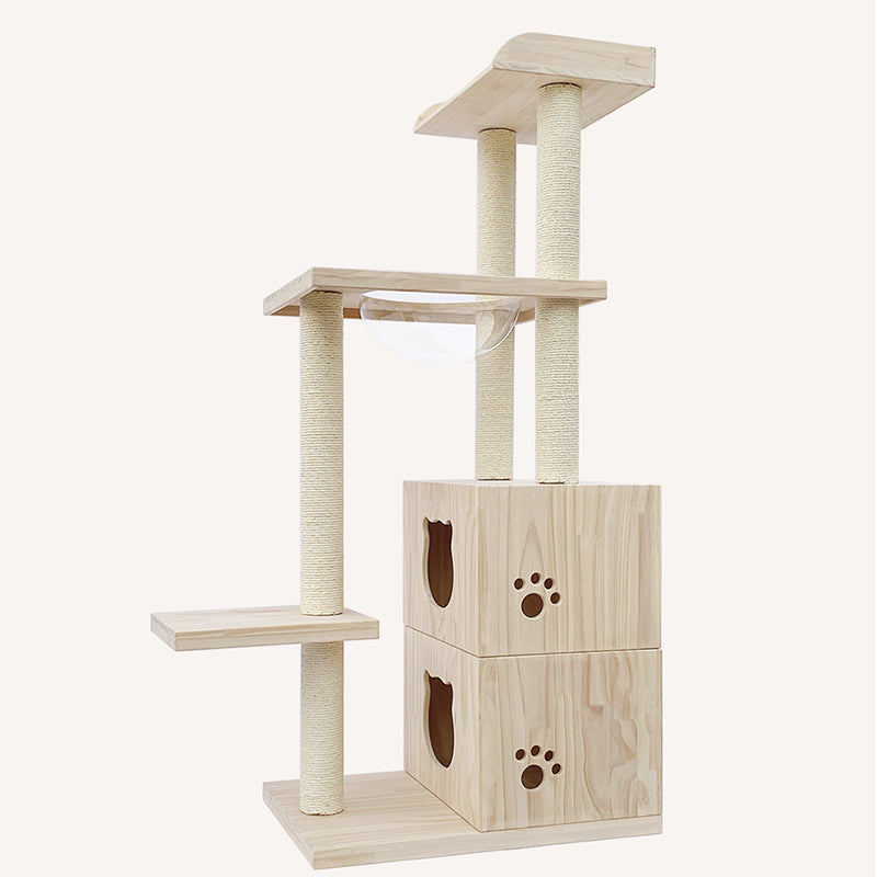 Multi-Level Wood Cat Condo with Space Capsule 166cm