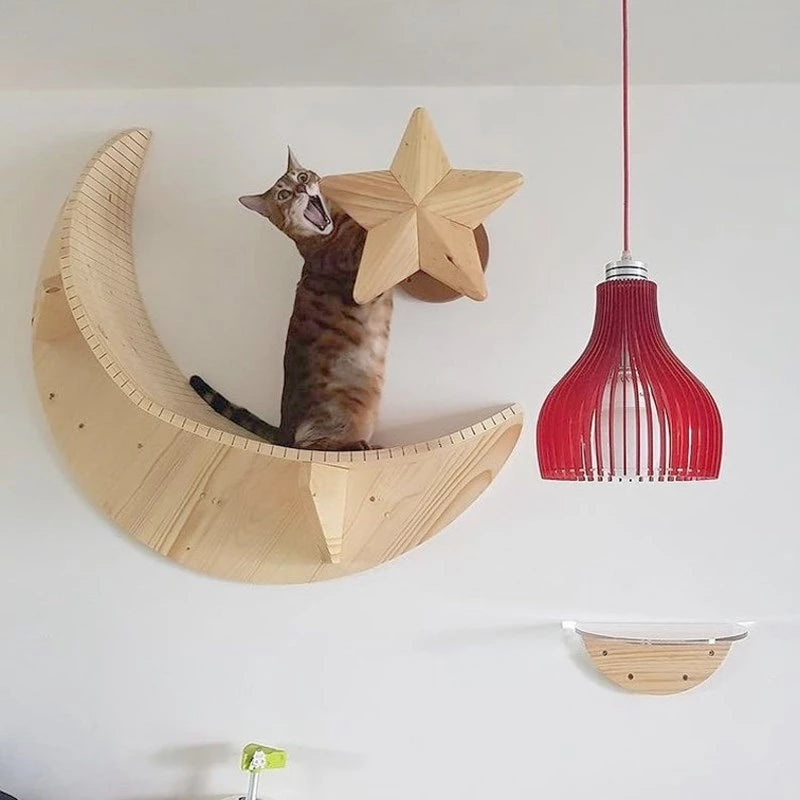 Wall-mounted solid wood moon cat bed