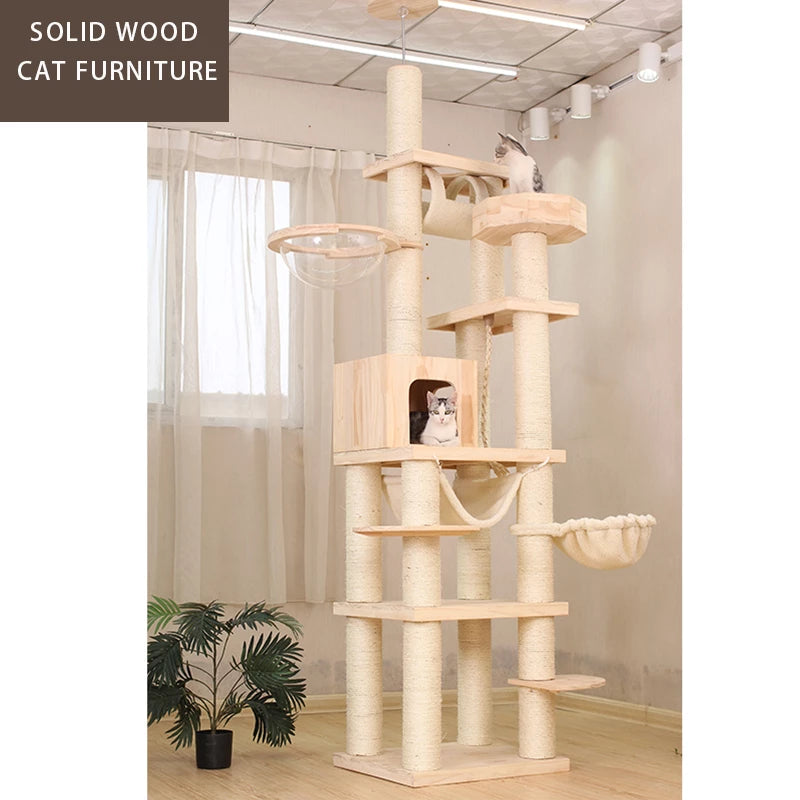 Large Floor To Ceiling Cat Tree Tall Wooden Cat Tower with hammock