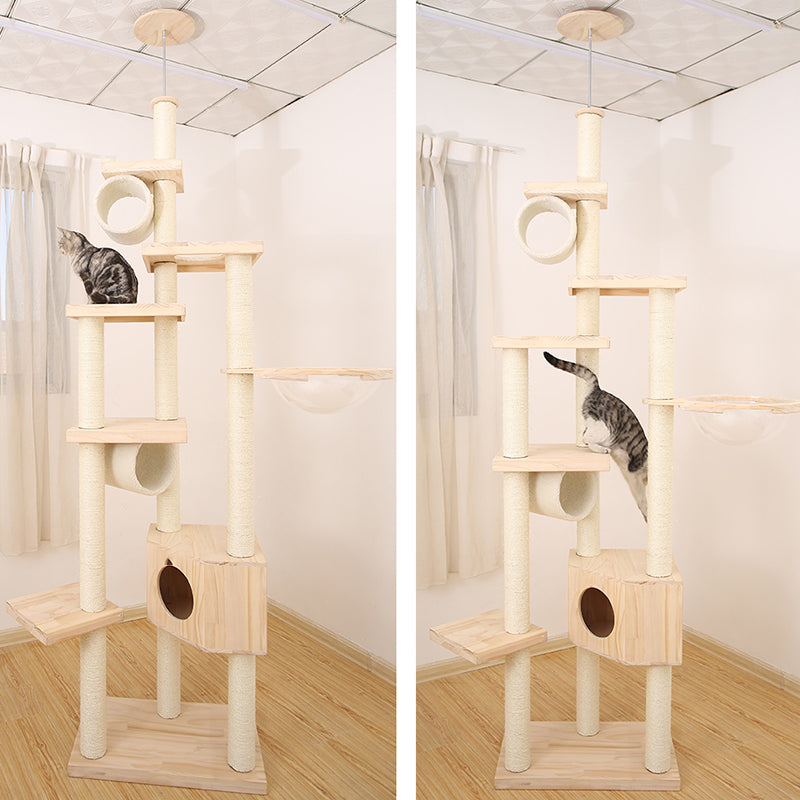 Floor to Ceiling Cat Tree Solid wood Cat Tower with Space Capsule