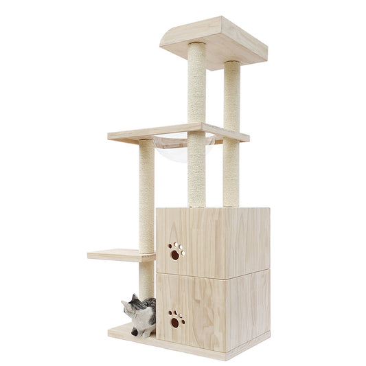 Multi-Level Wood Cat Condo with Space Capsule 166cm