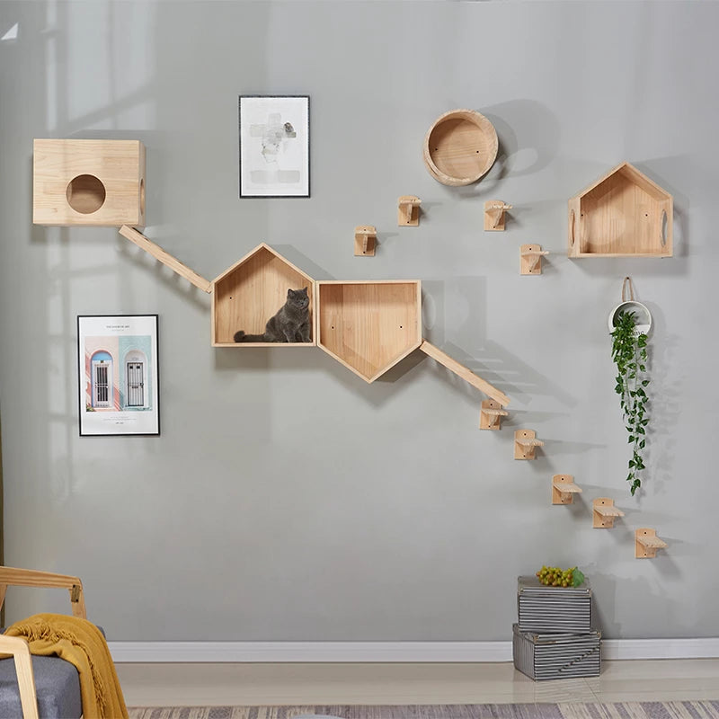 Wall-mounted solid wood cat climbing frame