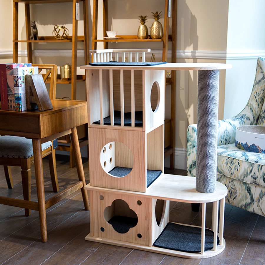 Multi-Level Wood Cat Condo with Scratching Post