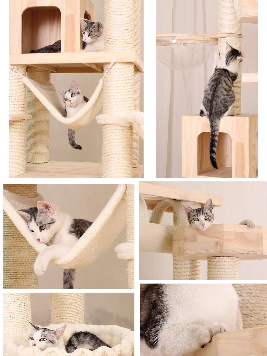 Large Floor To Ceiling Cat Tree Tall Wooden Cat Tower with hammock