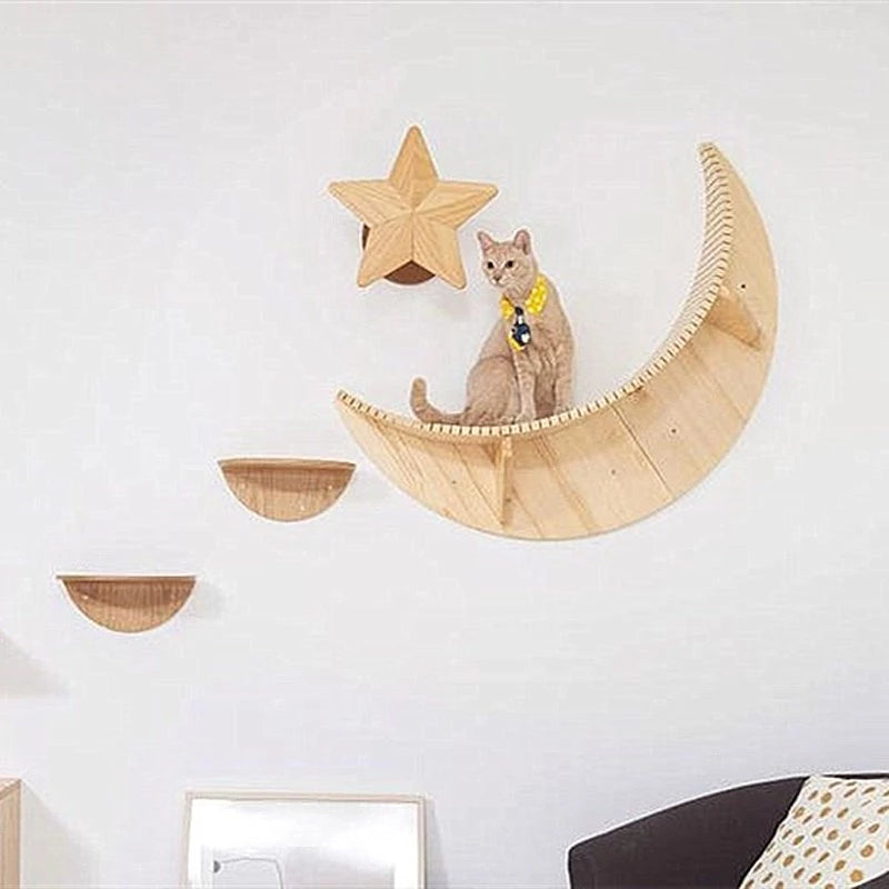 Wall-mounted solid wood moon cat bed