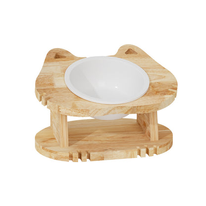 Solid wood raised double cat bowl Ceramic pet food bowl 15° tilt