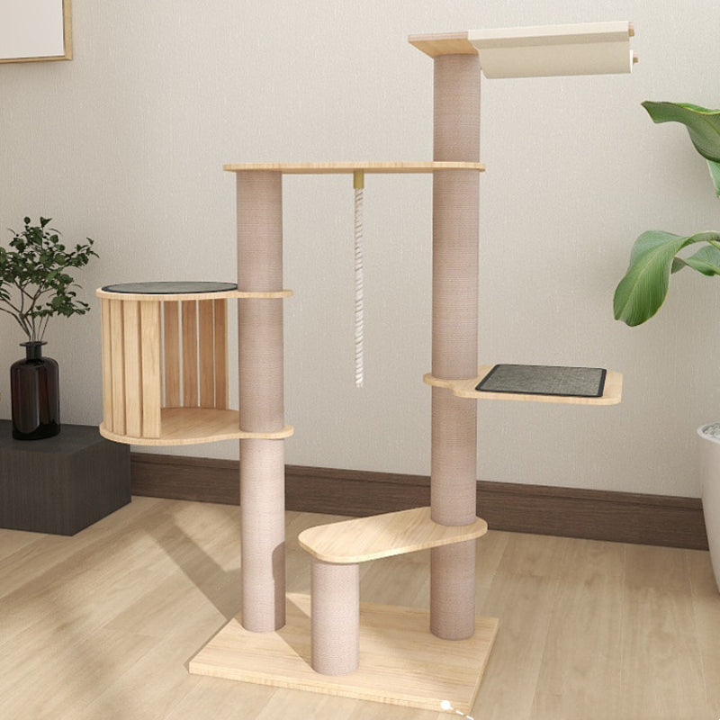 Solid wood cat tree Summer cool cat tree with lookout and hammock