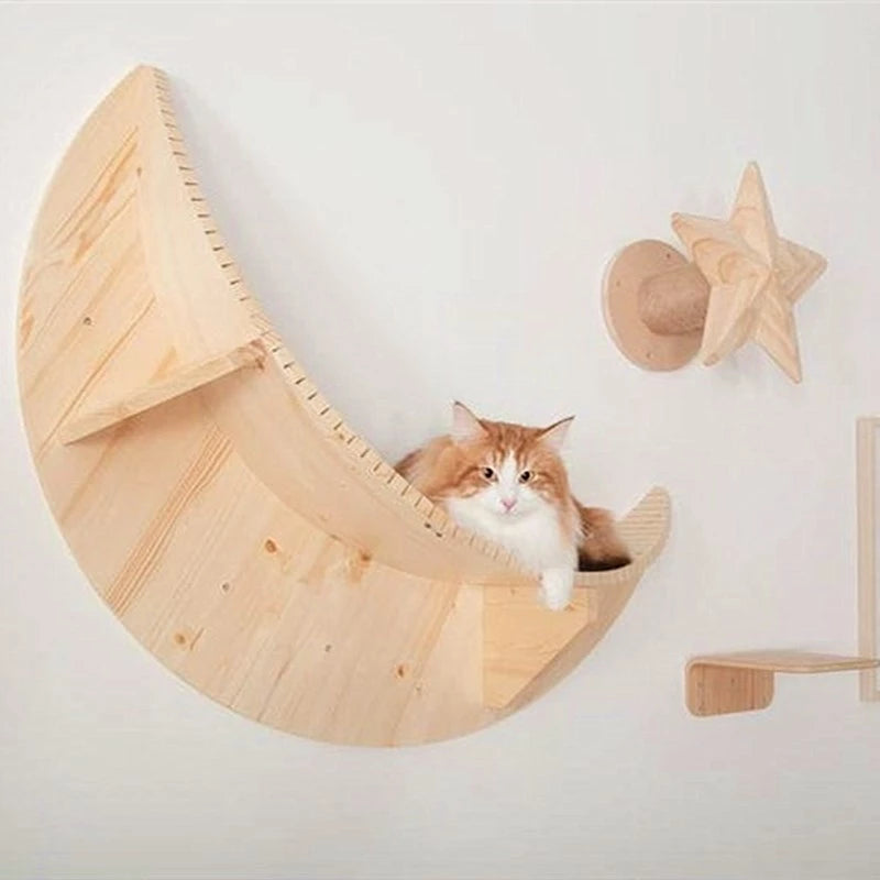 Wall-mounted solid wood moon cat bed