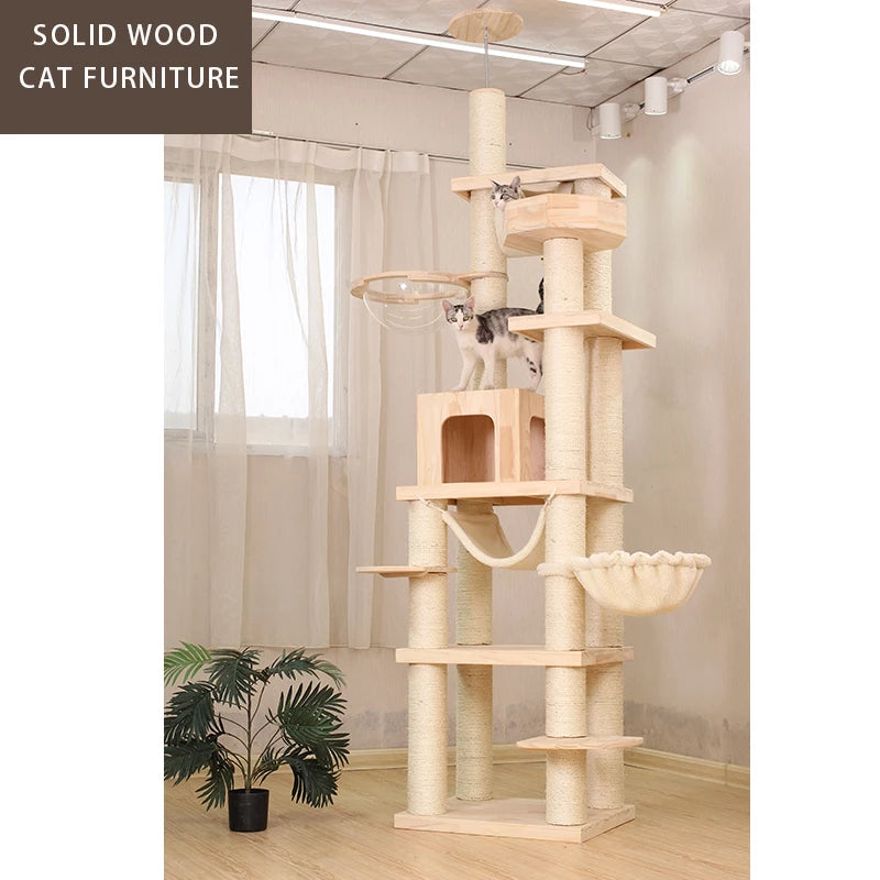 Large Floor To Ceiling Cat Tree Tall Wooden Cat Tower with hammock