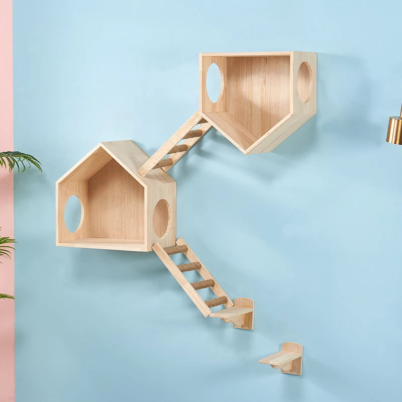 Wall-mounted solid wood cat climbing frame