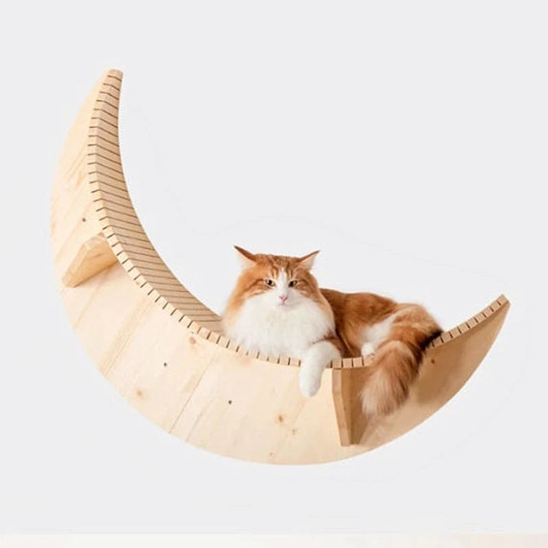 Wall-mounted solid wood moon cat bed