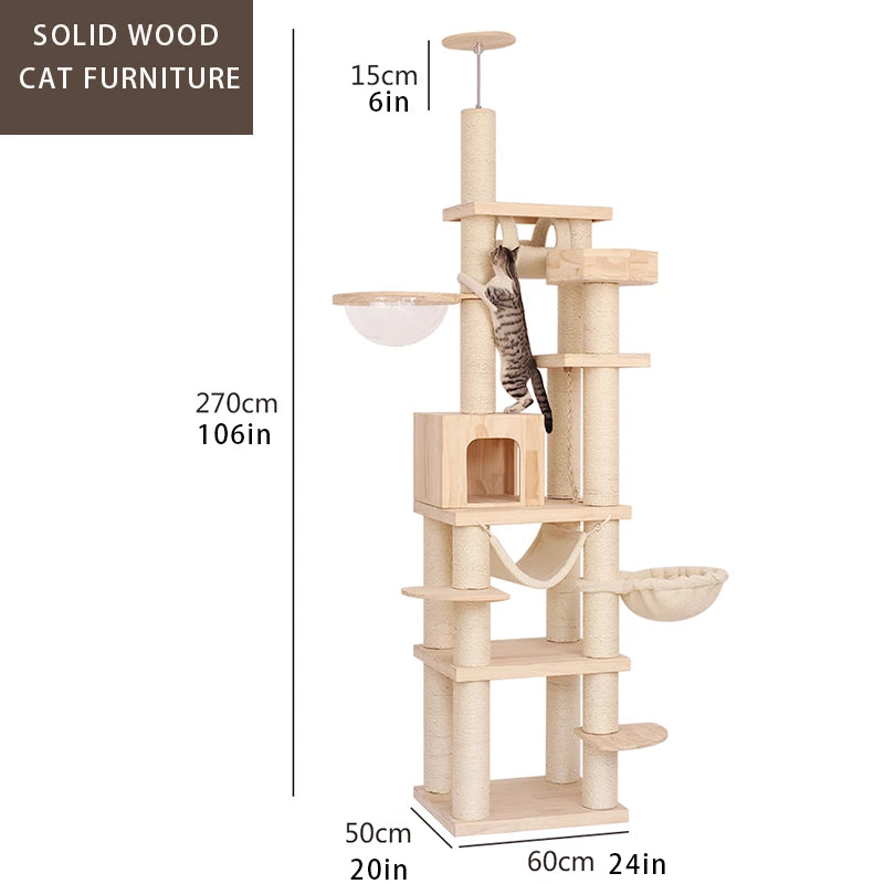 Large Floor To Ceiling Cat Tree Tall Wooden Cat Tower with hammock