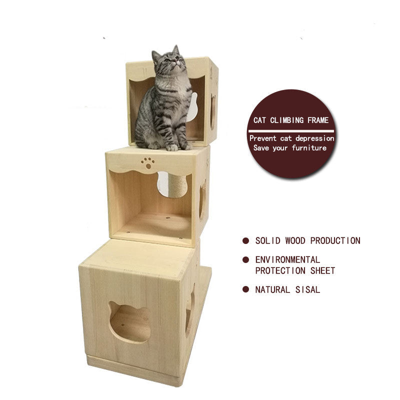 Solid Wood Cat Condo Multi-Level Cat Tower for multiple cats