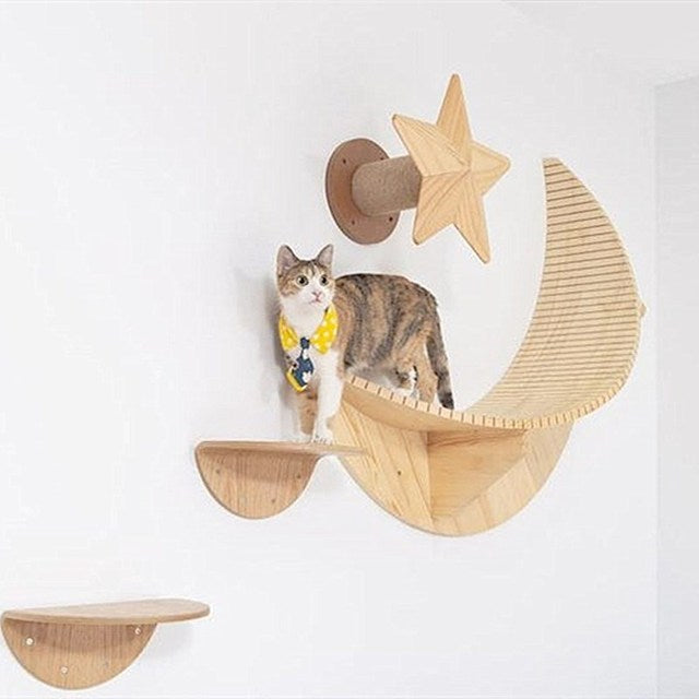 Wall-mounted solid wood moon cat bed