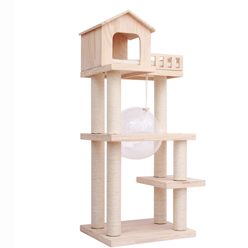 Solid Wood Cat Tree Multi-Level Cat Tower with Space Capsule 2sizes