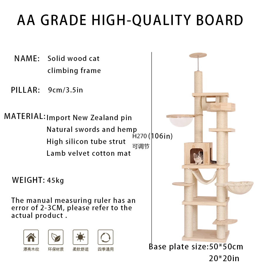 Large Floor To Ceiling Cat Tree Tall Wooden Cat Tower with hammock