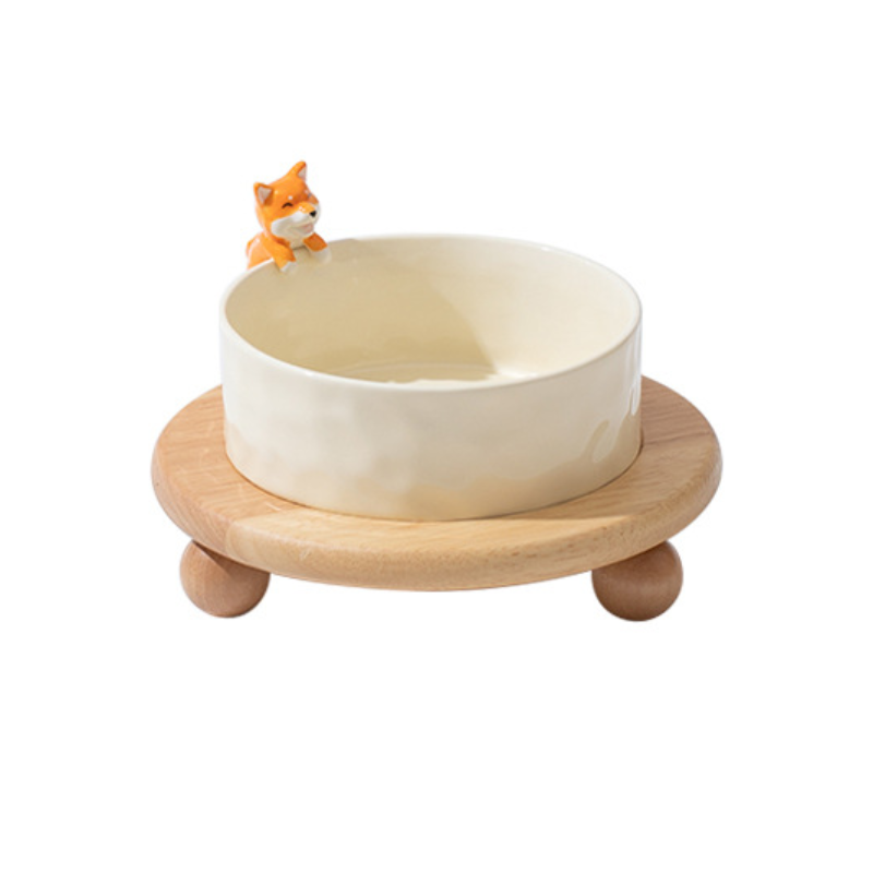 3D Cartoon Pet Bowl Ceramic Bowl for Cats and Dogs with Solid Wood Stand