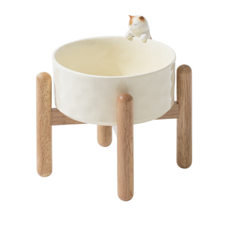 3D Cartoon Pet Bowl Ceramic Bowl for Cats and Dogs with Solid Wood Stand