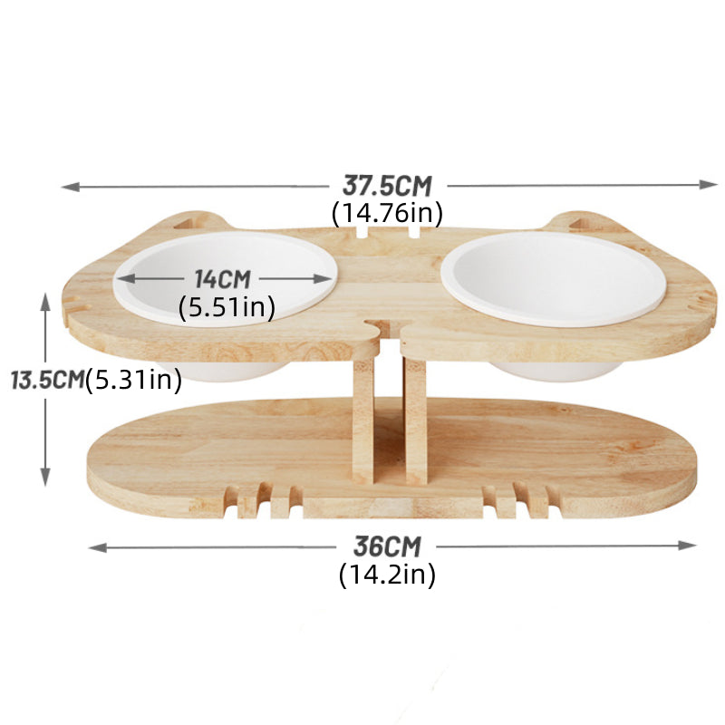 Solid wood raised double cat bowl Ceramic pet food bowl 15° tilt