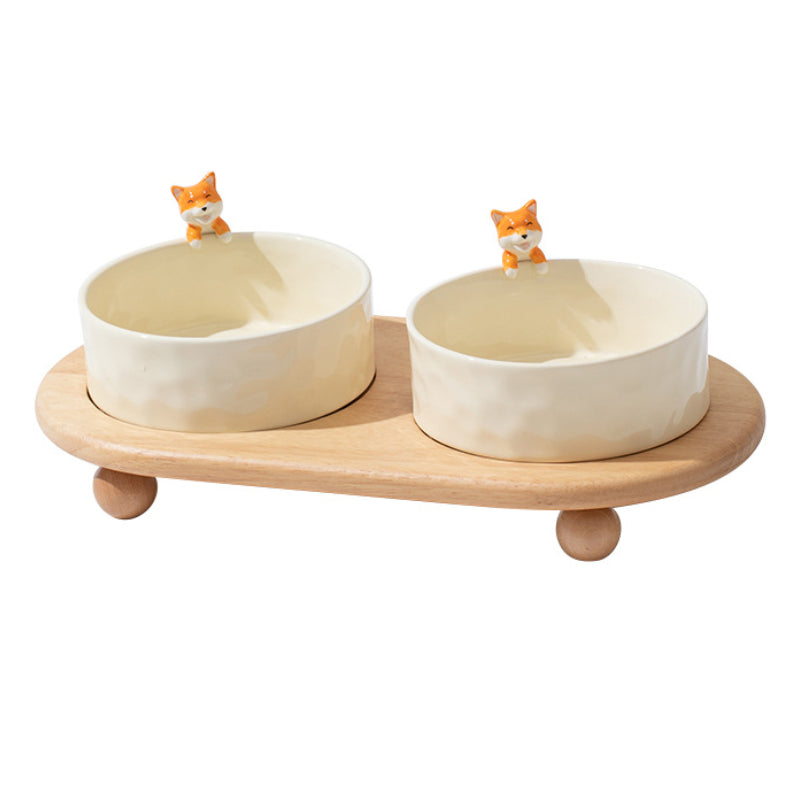 3D Cartoon Pet Bowl Ceramic Bowl for Cats and Dogs with Solid Wood Stand