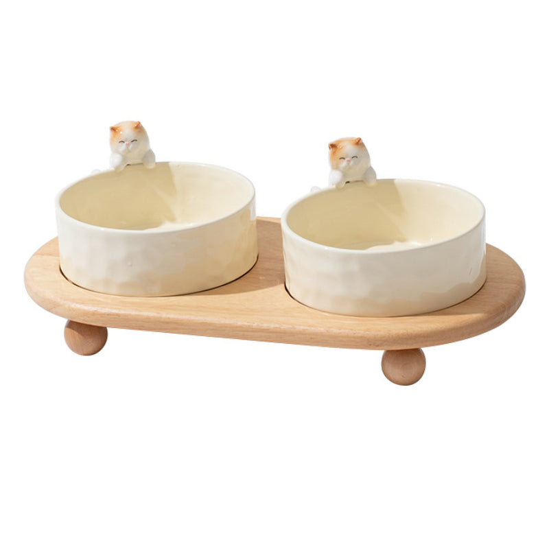 3D Cartoon Pet Bowl Ceramic Bowl for Cats and Dogs with Solid Wood Stand