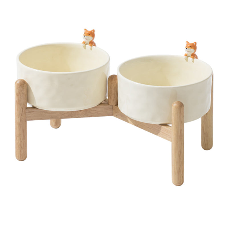 3D Cartoon Pet Bowl Ceramic Bowl for Cats and Dogs with Solid Wood Stand