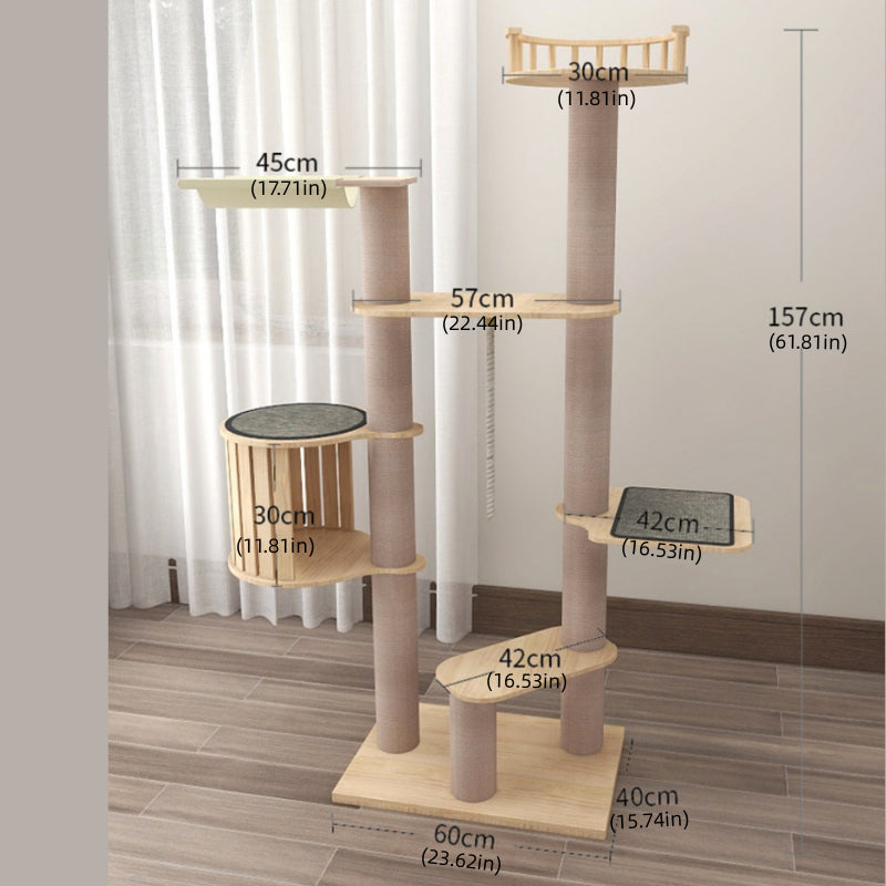 Solid wood cat tree Summer cool cat tree with lookout and hammock