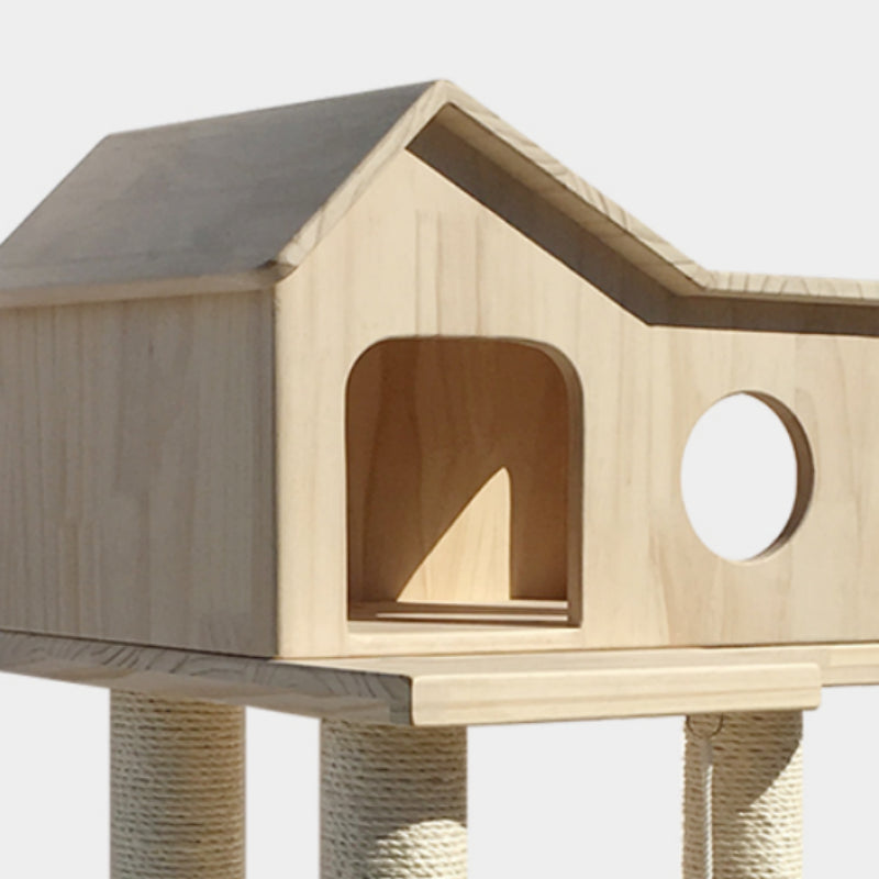 Multi-Level Wooden Cat Tower with Scratching Post & Toy 130cm