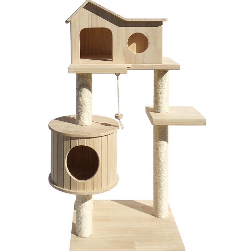 Multi-Level Wooden Cat Tower with Scratching Post & Toy 130cm