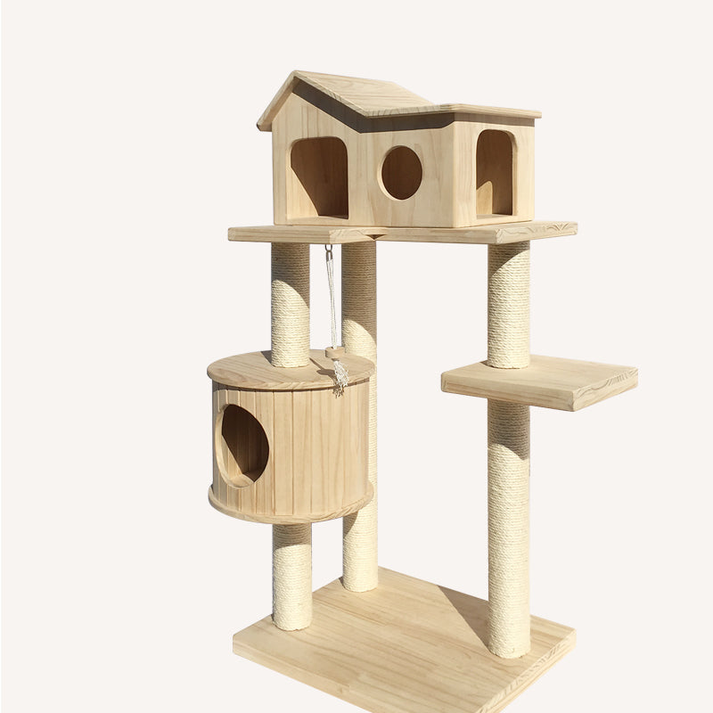 Multi-Level Wooden Cat Tower with Scratching Post & Toy 130cm